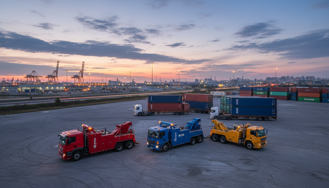 tow trucks and a couple of container trucks